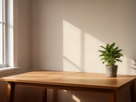 Ein minimalistischer, sonnendurchfluteter Schreibtisch in einem ruhigen Arbeitszimmer mit einer einzelnen Pflanze. - Foto: über boerse-global.de