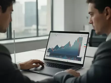 Ein professioneller Arbeitsplatz mit einem Laptop, der abstrakte Finanzmarkt-Diagramme zeigt, in einer hellen Büroumgebung. - Foto: über boerse-global.de