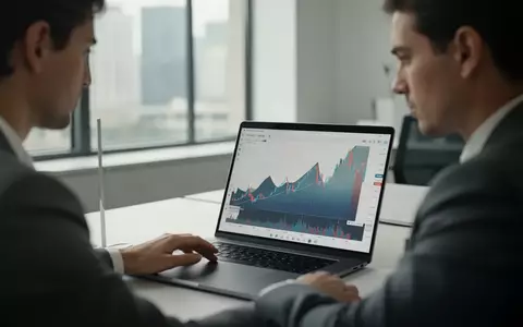 Ein professioneller Arbeitsplatz mit einem Laptop, der abstrakte Finanzmarkt-Diagramme zeigt, in einer hellen Büroumgebung. - Foto: über boerse-global.de