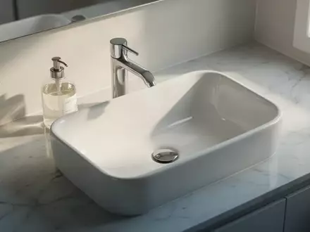 Ein minimalistisches weißes Waschbecken in einem hellen Badezimmer mit einem schlichten Seifenspender bei natürlichem Licht. - Foto: über boerse-global.de