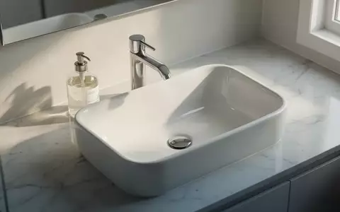 Ein minimalistisches weißes Waschbecken in einem hellen Badezimmer mit einem schlichten Seifenspender bei natürlichem Licht. - Foto: über boerse-global.de