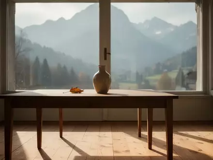 Ein sonnendurchfluteter Raum mit Blick auf eine Schweizer Berglandschaft, ein Holztisch mit einer leeren Blumenvase und einem einzelnen Blatt. - Foto: über boerse-global.de
