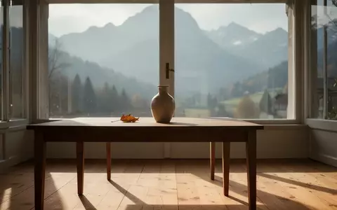 Ein sonnendurchfluteter Raum mit Blick auf eine Schweizer Berglandschaft, ein Holztisch mit einer leeren Blumenvase und einem einzelnen Blatt. - Foto: über boerse-global.de