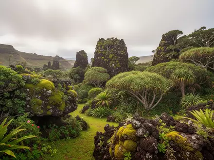 Eine üppige, subtropische Gartenlandschaft auf St. Helena mit bemoosten Felsen und dichter Vegetation. - Foto: über boerse-global.de