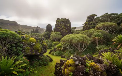 Eine üppige, subtropische Gartenlandschaft auf St. Helena mit bemoosten Felsen und dichter Vegetation. - Foto: über boerse-global.de