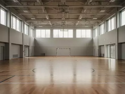 Leere, helle Sporthalle mit poliertem Holzboden und natürlichem Lichteinfall. - Foto: über boerse-global.de