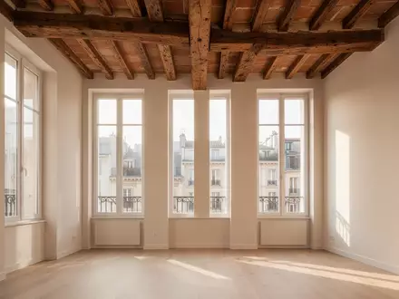 Heller, minimalistischer Wohnraum mit freigelegten historischen Holzbalken an der Decke und großen, lichtdurchfluteten Fenstern. - Foto: über boerse-global.de