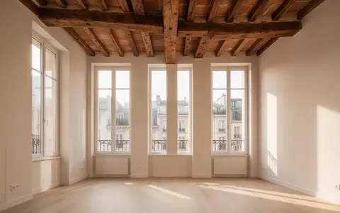 Heller, minimalistischer Wohnraum mit freigelegten historischen Holzbalken an der Decke und großen, lichtdurchfluteten Fenstern. - Foto: über boerse-global.de