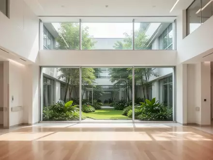 Ein lichtdurchflutetes, modernes Krankenhausatrium mit Blick in einen begrünten Innenhof. - Foto: über boerse-global.de