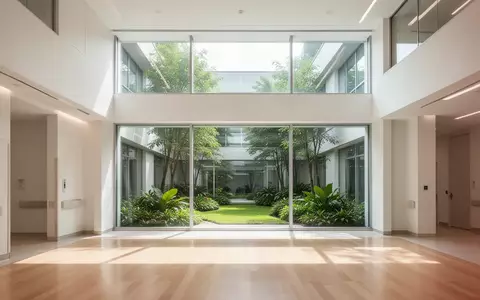 Ein lichtdurchflutetes, modernes Krankenhausatrium mit Blick in einen begrünten Innenhof. - Foto: über boerse-global.de