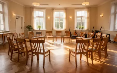 Ein heller, freundlicher Gemeinschaftsraum mit einem Stuhlkreis und Musikinstrumenten im Hintergrund. - Foto: über boerse-global.de