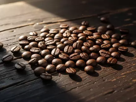 Geröstete Kaffeebohnen verstreut auf einem dunklen Holztisch im sanften Licht. - Foto: ĂŒber boerse-global.de