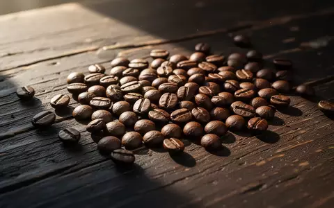 Geröstete Kaffeebohnen verstreut auf einem dunklen Holztisch im sanften Licht. - Foto: über boerse-global.de
