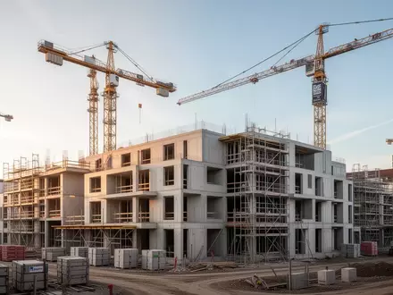 Baustelle für neue Wohnquartiere in Dresden mit Rohbauten und Kränen im sonnigen Licht. - Foto: über boerse-global.de
