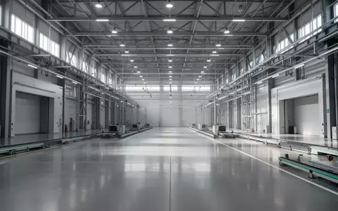 Eine weitläufige, moderne Industriehalle mit polierten Betonböden und Stahlträgern in einer Automobilfabrik. - Foto: über boerse-global.de
