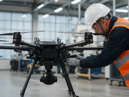 Ein Techniker überprüft eine industrielle Drohne in einer hellen Flugzeughalle nach der ersten Auslieferung. - Foto: über boerse-global.de