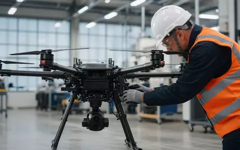 Ein Techniker überprüft eine industrielle Drohne in einer hellen Flugzeughalle nach der ersten Auslieferung. - Foto: über boerse-global.de