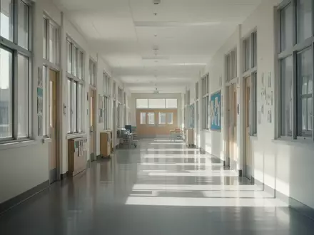 Ein heller, leerer Schulflur mit großen Fenstern und klaren architektonischen Linien in einer ruhigen Atmosphäre. - Foto: über boerse-global.de