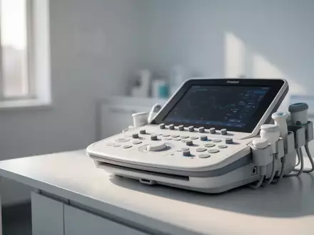 Ein heller, steriler Behandlungsraum in einer kardiologischen Praxis mit medizinischen Diagnosegeräten. - Foto: über boerse-global.de