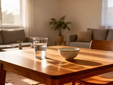 Ein helles, ruhiges Wohnzimmer bei Tageslicht mit einem Holztisch, das eine Atmosphäre von häuslicher Sicherheit vermittelt. - Foto: über boerse-global.de