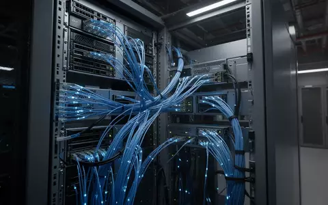 Ein minimalistisches, hochauflösendes Foto von Server-Racks mit blau leuchtenden Glasfaserkabeln in einer Industrieumgebung. - Foto: über boerse-global.de