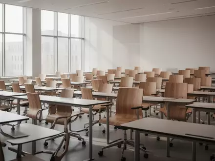 Ein moderner, leerer Hörsaal mit minimalistischem Design und natürlichem Lichteinfall. - Foto: über boerse-global.de