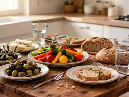 Ein hölzerner Tisch mit einer mediterranen Mahlzeit aus frischem Gemüse, Oliven und Vollkornbrot in natürlichem Licht. - Foto: über boerse-global.de