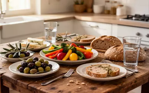 Ein hölzerner Tisch mit einer mediterranen Mahlzeit aus frischem Gemüse, Oliven und Vollkornbrot in natürlichem Licht. - Foto: über boerse-global.de