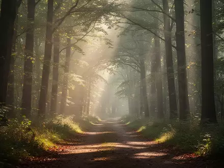 Ein friedlicher, sonnendurchfluteter Waldweg bei sanftem Morgenlicht. - Foto: über boerse-global.de