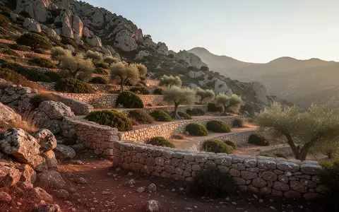 Sonnige, bergige Landschaft auf Sardinien mit alten Steinterrassen und Olivenbäumen in der goldenen Abendsonne. - Foto: über boerse-global.de