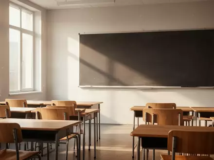 Ein leerer, sonnendurchfluteter Klassenraum mit leeren Schulbänken und einer sauberen Tafel. - Foto: über boerse-global.de