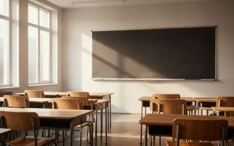 Ein leerer, sonnendurchfluteter Klassenraum mit leeren Schulbänken und einer sauberen Tafel. - Foto: über boerse-global.de