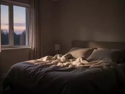 Ein ungemachtes Bett in einem ruhigen, schwach beleuchteten Schlafzimmer am Abend. - Foto: über boerse-global.de