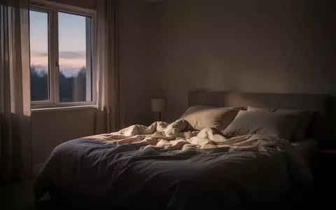 Ein ungemachtes Bett in einem ruhigen, schwach beleuchteten Schlafzimmer am Abend. - Foto: über boerse-global.de