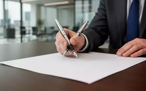 Professionelle Hand mit Füllfederhalter über einem leeren Dokument im Büro, symbolisiert Finanzinvestitionen. - Foto: über boerse-global.de