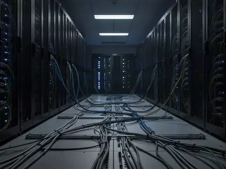 Dunkler Serverraum mit Fokus auf abstrakte Verkabelung und Server-Racks ohne erkennbare Beschriftungen. - Foto: über boerse-global.de