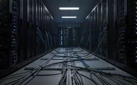 Dunkler Serverraum mit Fokus auf abstrakte Verkabelung und Server-Racks ohne erkennbare Beschriftungen. - Foto: über boerse-global.de