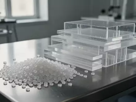 Nahaufnahme von recycelbaren Kunststoffgranulaten und transparenten Materialstrukturen in einem industriellen Labor. - Foto: über boerse-global.de