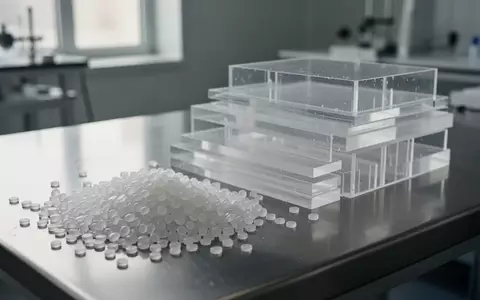 Nahaufnahme von recycelbaren Kunststoffgranulaten und transparenten Materialstrukturen in einem industriellen Labor. - Foto: über boerse-global.de
