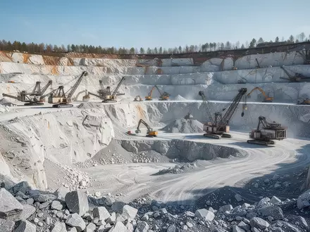 Ein weitläufiger Kalksteinbruch mit schweren Maschinen in einer industriellen Bergbauumgebung bei Tageslicht. - Foto: über boerse-global.de