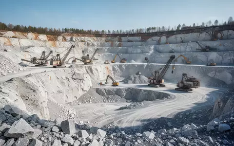 Ein weitläufiger Kalksteinbruch mit schweren Maschinen in einer industriellen Bergbauumgebung bei Tageslicht. - Foto: über boerse-global.de