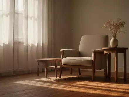 Ein lichtdurchfluteter, ruhiger Wohnraum mit einem Sessel und einer Vase mit Trockenblumen, der eine Atmosphäre der Würde und Stille ausstrahlt. - Foto: über boerse-global.de
