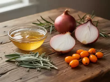 Ein hölzerner Tisch mit Honig, Zwiebeln, Salbei und Sanddorn als natürliche Hausmittel gegen Erkältungen. - Foto: über boerse-global.de