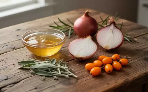 Ein hölzerner Tisch mit Honig, Zwiebeln, Salbei und Sanddorn als natürliche Hausmittel gegen Erkältungen. - Foto: über boerse-global.de