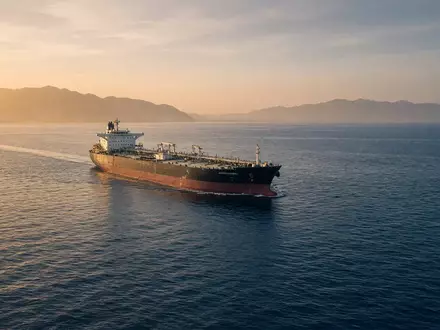 Ein großer Öltanker fährt bei goldenem Licht durch die Straße von Hormus. - Foto: über boerse-global.de