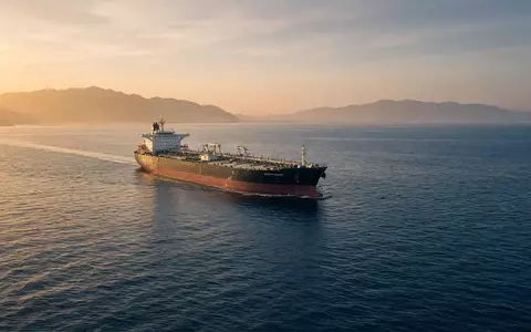 Ein großer Öltanker fährt bei goldenem Licht durch die Straße von Hormus. - Foto: über boerse-global.de