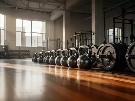 Leerer, minimalistischer Fitnessraum mit Hantelscheiben und Kettlebells auf einem Holzboden bei natürlichem Lichteinfall. - Foto: über boerse-global.de