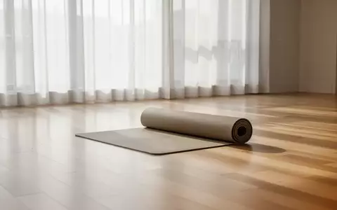 Ein heller, minimalistischer Trainingsraum mit einer zusammengerollten Yogamatte auf einem Holzboden. - Foto: über boerse-global.de