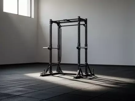 Ein leeres, minimalistisches Fitnessstudio mit einem robusten Kniebeugenständer auf einem dunklen Gummiboden in natürlichem Licht. - Foto: über boerse-global.de