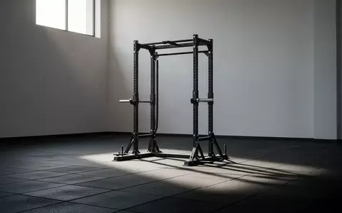 Ein leeres, minimalistisches Fitnessstudio mit einem robusten Kniebeugenständer auf einem dunklen Gummiboden in natürlichem Licht. - Foto: über boerse-global.de